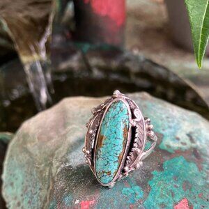 Exceptional Vintage Zuni Raymond Gasper Signed Turquoise Sterling Ornate Ring